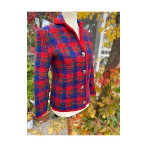 50s 60s Hudson’s Bay Plaid Wool Sweater Metal Crest Buttons Jacket Rare Sz 37 - Picture 1 of 16
